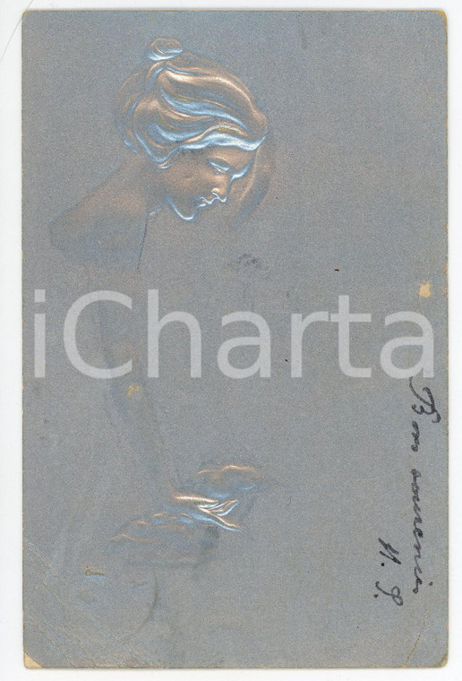 1900 ca ART NOUVEAU Young woman - ILLUSTRATED RARE embossed silver postcard