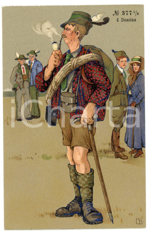 1920 ca AUSTRIA - HUMOUR Mountaineer smoking a pipe ILLUSTRATED Postcard FP NV
