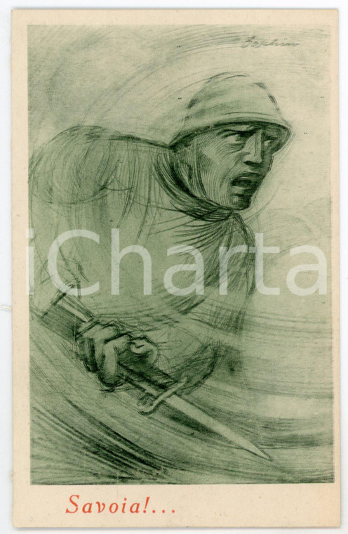 1915 ca WW1 - Artista BOSCHINI Soldato con baionetta urla Savoia!"- Cartolina"