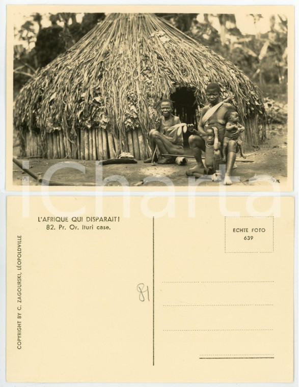 1930 ca C. ZAGOURSKI «L'Afrique qui disparaît» Pr. Or. Ituri case *Carte postale  Fotocartolina postale d'epoca, appartenente alla serie &laquo;L'Afrique qui dispara&icirc;t&raquo; del fotografo Casimir Zagourski (L&eacute;opoldville).Non viaggiata.CONDIZIONI: GFORMATO: 14x9 cm    originale e autentica 1