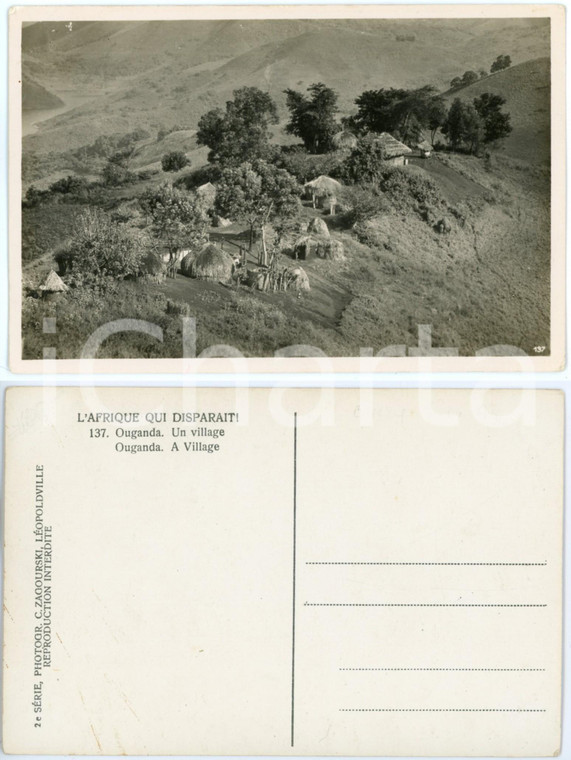 1930 ca C. ZAGOURSKI «L'Afrique qui disparaît»  OUGANDA Village *Postcard 137  Fotocartolina postale d'epoca, appartenente alla serie &laquo;L'Afrique qui dispara&icirc;t&raquo; del fotografo Casimir Zagourski (L&eacute;opoldville).N&deg;137, non viaggiata.CONDIZIONI: G (minima smussatura angolare)FORMATO: 14x9 cm    originale e autentica 1