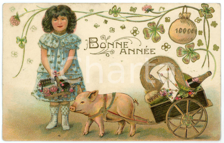 1907 BONNE ANNÉE Child with lucky pig - Embossed golden postcard FP VG
