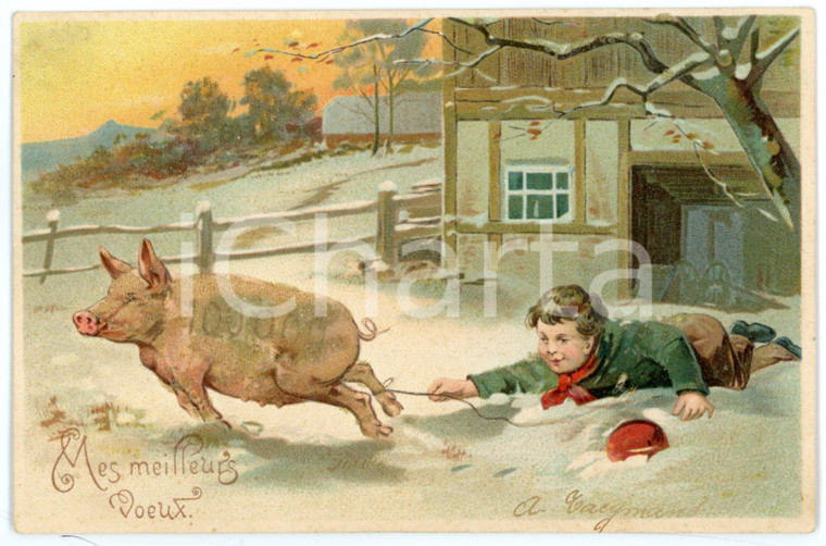 1900ca BONNE ANNÉE Child stops pig on the run - Embossed Postcard FP VG  Cartolina postale d'epoca, viaggiata.CONDIZIONI: FAIR (affrancatura mancante)FORMATO: FP    originale e autentica 1