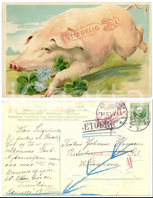1907 GLAEDELIG JUL Pig with four leaf clovers - Embossed postcard FP VG