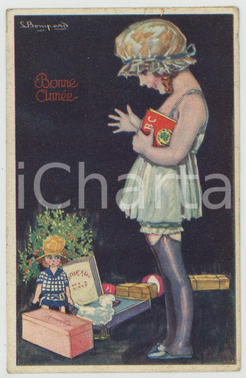 1920 BONNE ANNEE Artista Silvio BEMPORAD Bambina con doni - Cartolina FP VG
