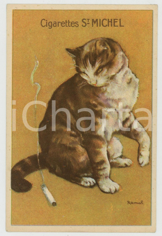 1910 ca CIGARETTES ST. MICHEL Cat - Artist RAMAH Henri RAEMAEKER Postcard (2)  Cartolina d'epoca, non viaggiata. FAIR/discreto Lievi smussature agli angoli Formato: FP originale e autentica 1