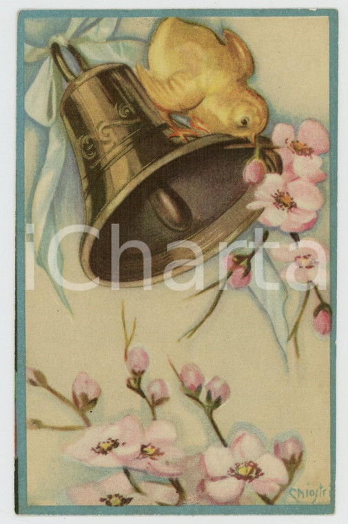 1920 ca ART DECO Campana con pulcino e fiori ciliegio - ill. CHIOSTRI *Cartolina