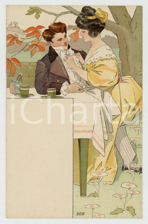 1900 ca FRANCE Lovers at the table (3) - Vintage postcard MENU