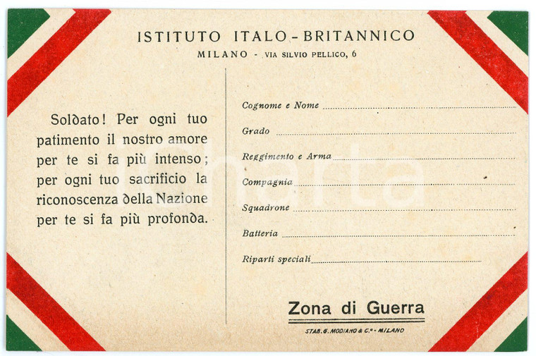 1915 ca WW1 - MILANO Istituto Italo-Britannico - Cartolina FP NV