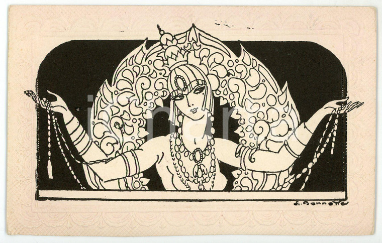 1910 ca ART DECO Artist Léon BONNOTTE - Woman - Black - Embossed postcard