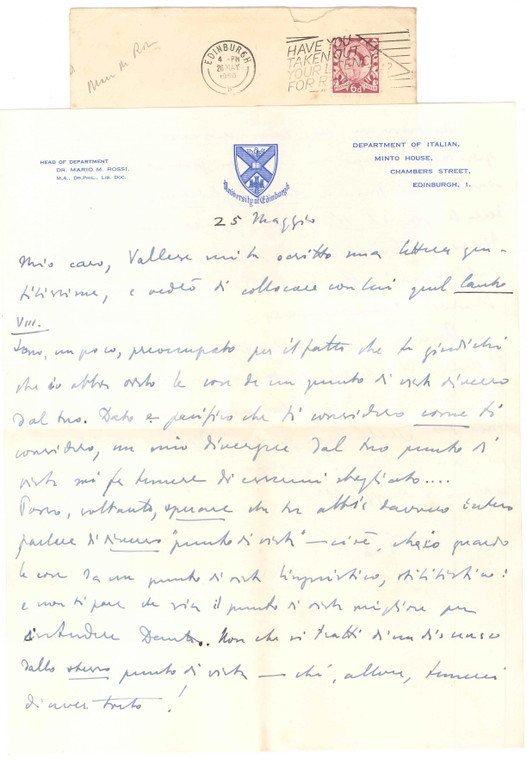 1960 EDINBURGH Lettera di Mario Manlio ROSSI a un collega - AUTOGRAFO