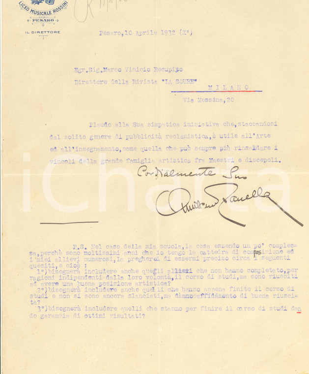 1932 PESARO Lettera Amilcare ZANELLA - Direttore Liceo ROSSINI - AUTOGRAFO