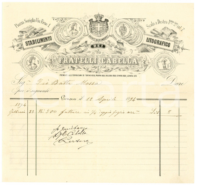 1894 GENOVA - Fratelli CABELLA - Stabilimento litografico - Fattura