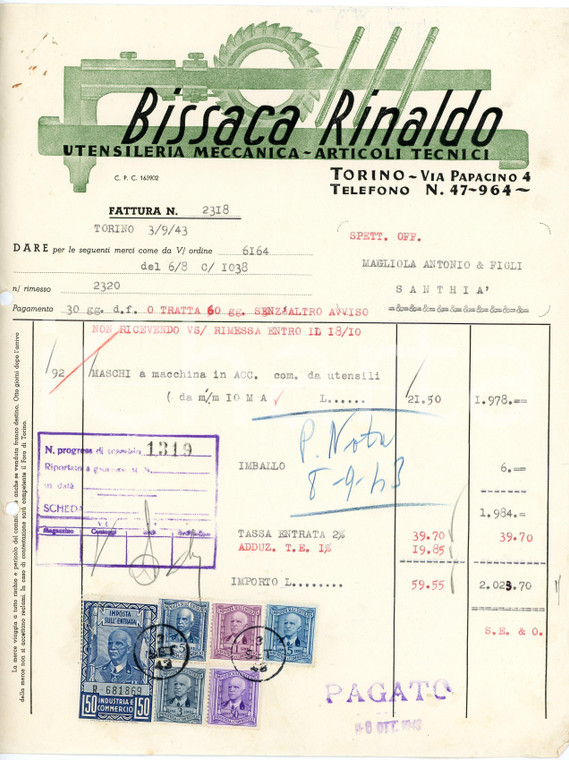 1943 TORINO - BISSACA RINALDO - Utensileria meccanica via Papacino 4 - Fattura