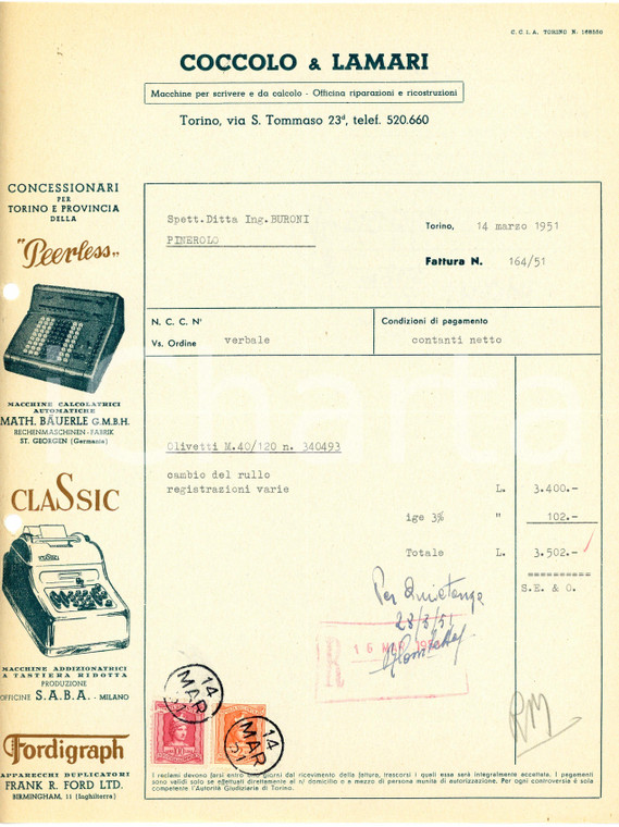 1951 TORINO - COCCOLO & LAMARI - Macchine per scrivere *Fattura