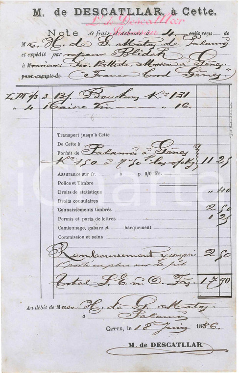 1886 SÈTE / CETTE (FRANCE) M. de DESCATLLAR - Note colis reçu bouchons