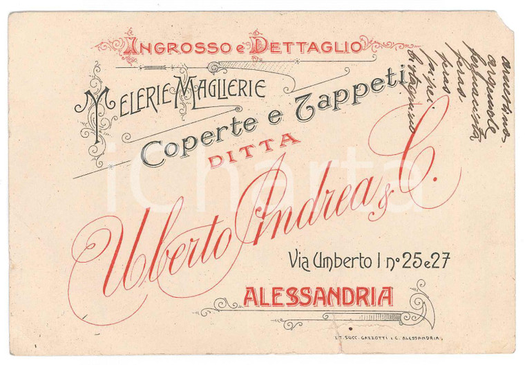 1910 ca ALESSANDRIA Ditta UBERTO Andrea telerie - Biglietto DANNEGGIATO