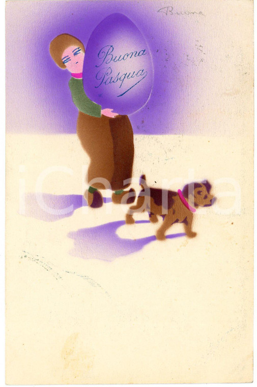 1927 BUONA PASQUA Bambino e cane con uovo di pasqua - Cartolina ILLUSTRATA FP VG