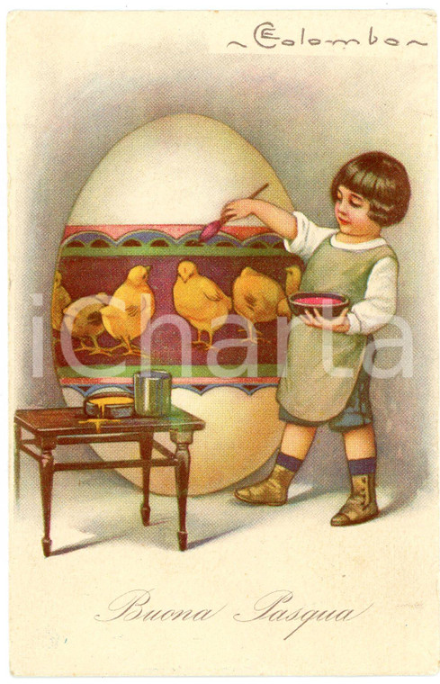 1923 BUONA PASQUA Artista E. COLOMBARI Bambino dipinge uovo - Cartolina FP VG