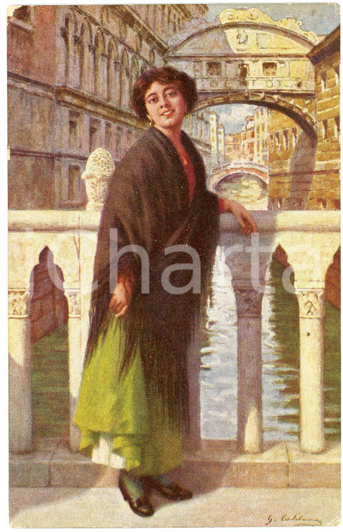 1915 ca Artista G. CALDERINI (?) VENEZIA - Donna a Rialto - Cartolina (2)
