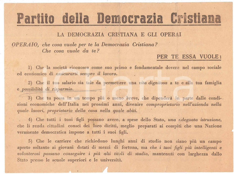 1950 ca DEMOCRAZIA CRISTIANA pro operai - Volantino PROPAGANDA