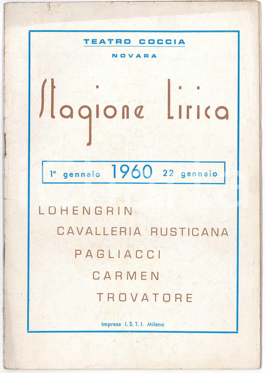 1960 NOVARA Teatro COCCIA - Stagione Lirica 1°gennaio/22 gennaio - Programma