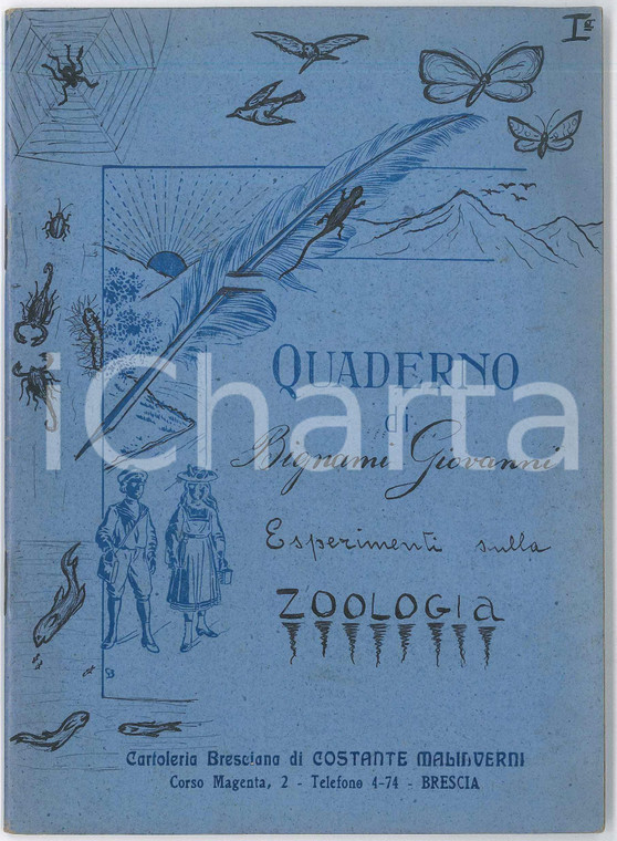 1922-23 BRESCIA Quaderno Giovanni BIGNAMI - Esperimenti zoologia *Manoscritto Quaderno scolastico manoscritto, con disegni e ritagli di giornale.  Il quaderno proviene dalla Cartoleria Bresciana di Costante Malinverni, corso Magenta 2, BresciaPAGINE: 30  FAIR/discreto buone condizioni interne, ma lievi piegature in copertina e al dorso Formato: 12x18 cm originale e autentica 1