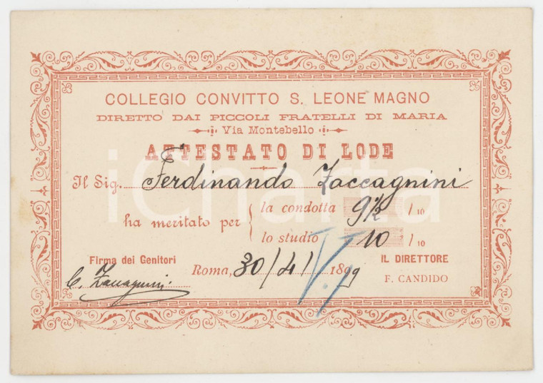 1899 ROMA Collegio Convitto San Leone Magno - Attestato di lode 11x8 cm