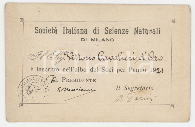 1921 MILANO Società Italiana di Scienze Naturali - Tessera 10x7 cm
