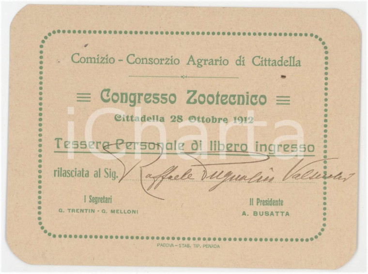 1912 CITTADELLA Conzorzio agrario - Congresso zootecnico - Tessera 11x8 cm Tessera d'epoca.  GOOD/buono  Formato: 11x8 cm originale e autentica 1