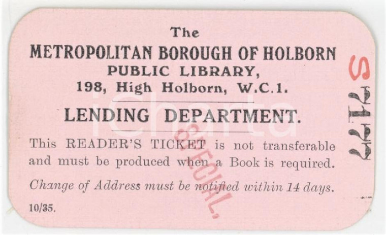 1939 LONDON - HOLBORN Public Library - Lending department - Reader's ticket 7x4