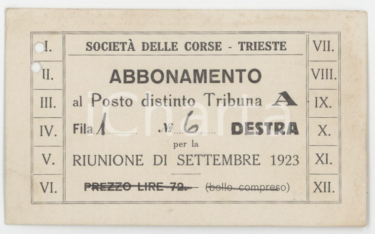 1923 TRIESTE Società delle corse - Abbonamento al posto distinto Tribuna A