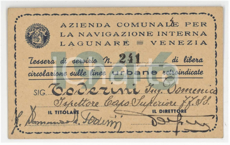 1946 VENEZIA Navigazione Interna Lagunare - Tessera circolazione linee urbane