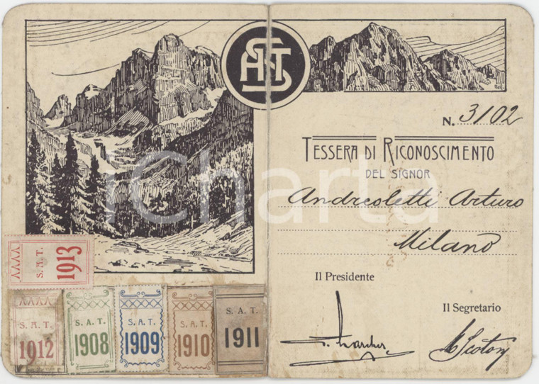 1911 MILANO - SAT Società Alpinisti Tridentini - Tessera di Arturo ANDREOLETTI