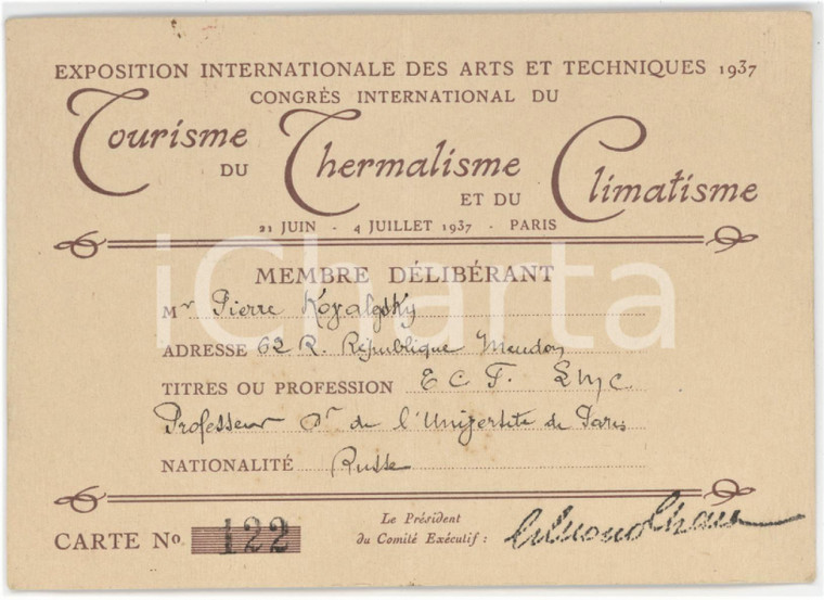 1937 PARIS Expo des arts - Congrès du thermalisme - Carte de Pierre KOVALEVSKY