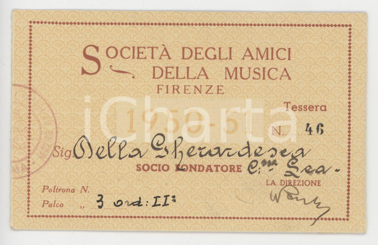 1950 FIRENZE Società amici musica - Tessera DELLA GHERARDESCA Socio fondatore