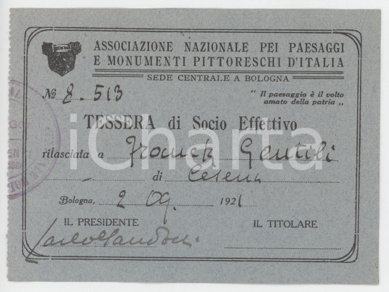 1921 CESENA Associazione per paesaggi e monumenti pittoreschi d'Italia - Tessera