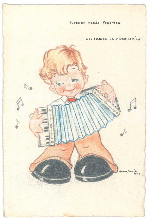 1942 BAMBINI Suonatore di fisarmonica - Cartolina DISEGNATA A MANO FG NV