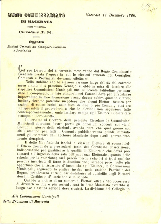 1860 MACERATA Disposizioni per le elezioni comunali e provinciali *Documento