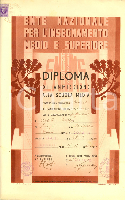 1941 CORATO (BA) Ammissione scuola media Teresa ARDITO *Diploma