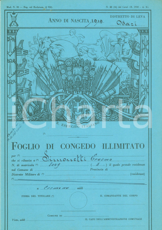 1939 SANTERANO (BA) Congedo illimitato soldato Erasmo SIMONETTI *Documento