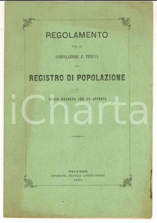1873 SALUZZO Regolamento compilazione e tenuta del registro di popolazione
