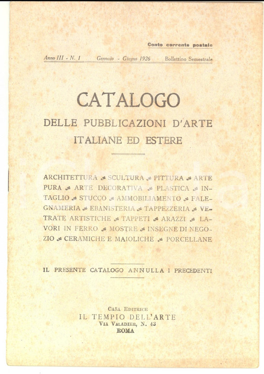 1926 ROMA Casa Editrice IL TEMPIO DELL'ARTE *Catalogo pubblicazioni arte