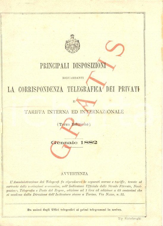 1882 AMMINISTRAZIONE DEI TELEGRAFI Tariffe corrispondenza telegrafica privati