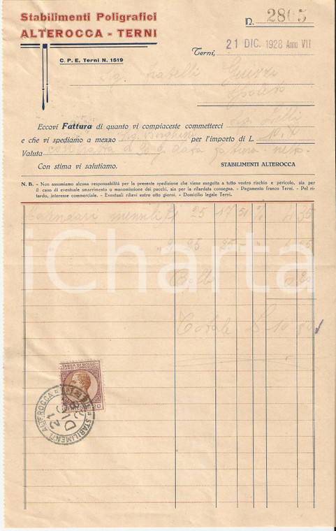 1928 TERNI Stabilimenti poligrafici ALTEROCCA Calendari mensili *Fattura