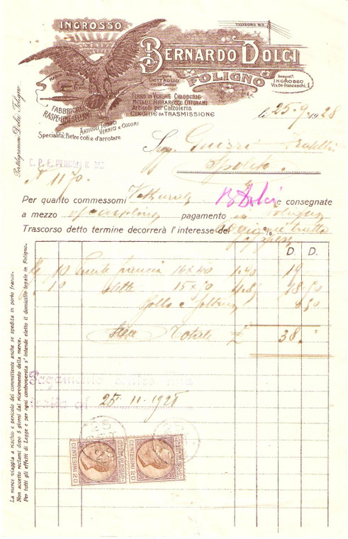 1928 FOLIGNO Ditta BERNARDO DOLCI Pietra Cote e d'arrotare *Fattura