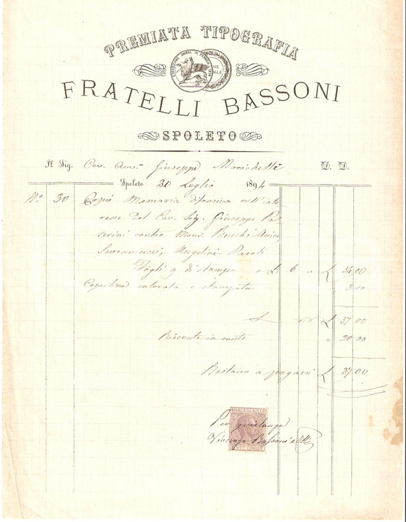 1894 SPOLETO Premiata Tipografia FRATELLI BASSONI *Fattura