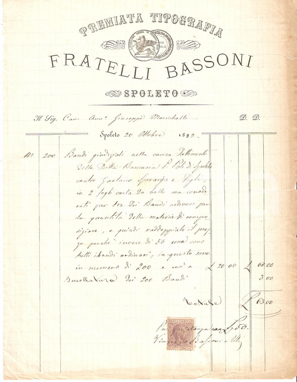 1894 SPOLETO Premiata Tipografia FRATELLI BASSONI Fattura