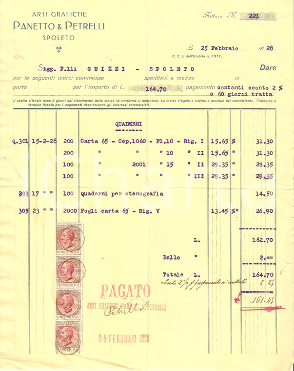 1928 SPOLETO Arti grafiche PANETTO E PETRELLI Quaderni stenografia *Fattura