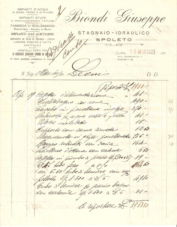1923 SPOLETO Giuseppe BIONDI Stagnaio - Idraulico *Fattura
